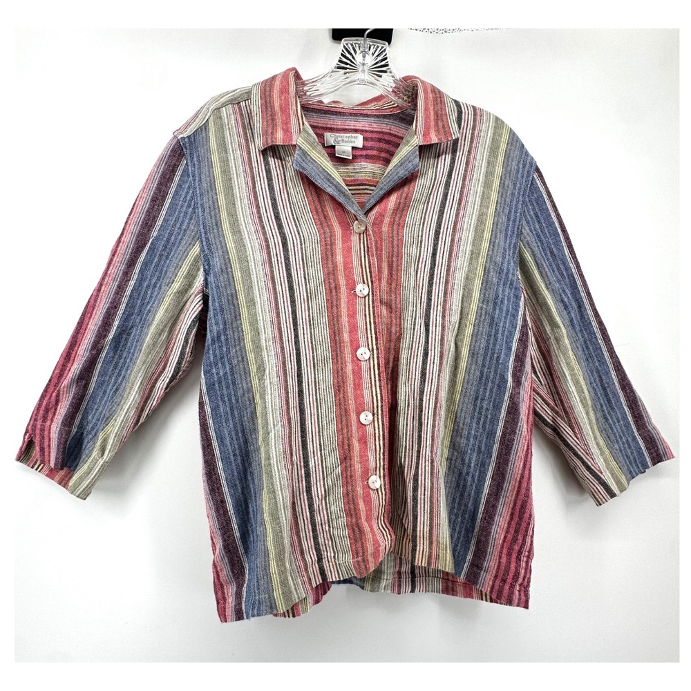 Christopher & Banks Womens Medium Linen Blend Striped Button Front Shirt Top